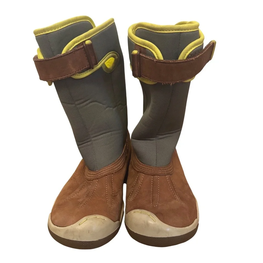 Plae Thandi Kids Waterproof Winter Boots Brown Leather Grey Neoprene size 10.5